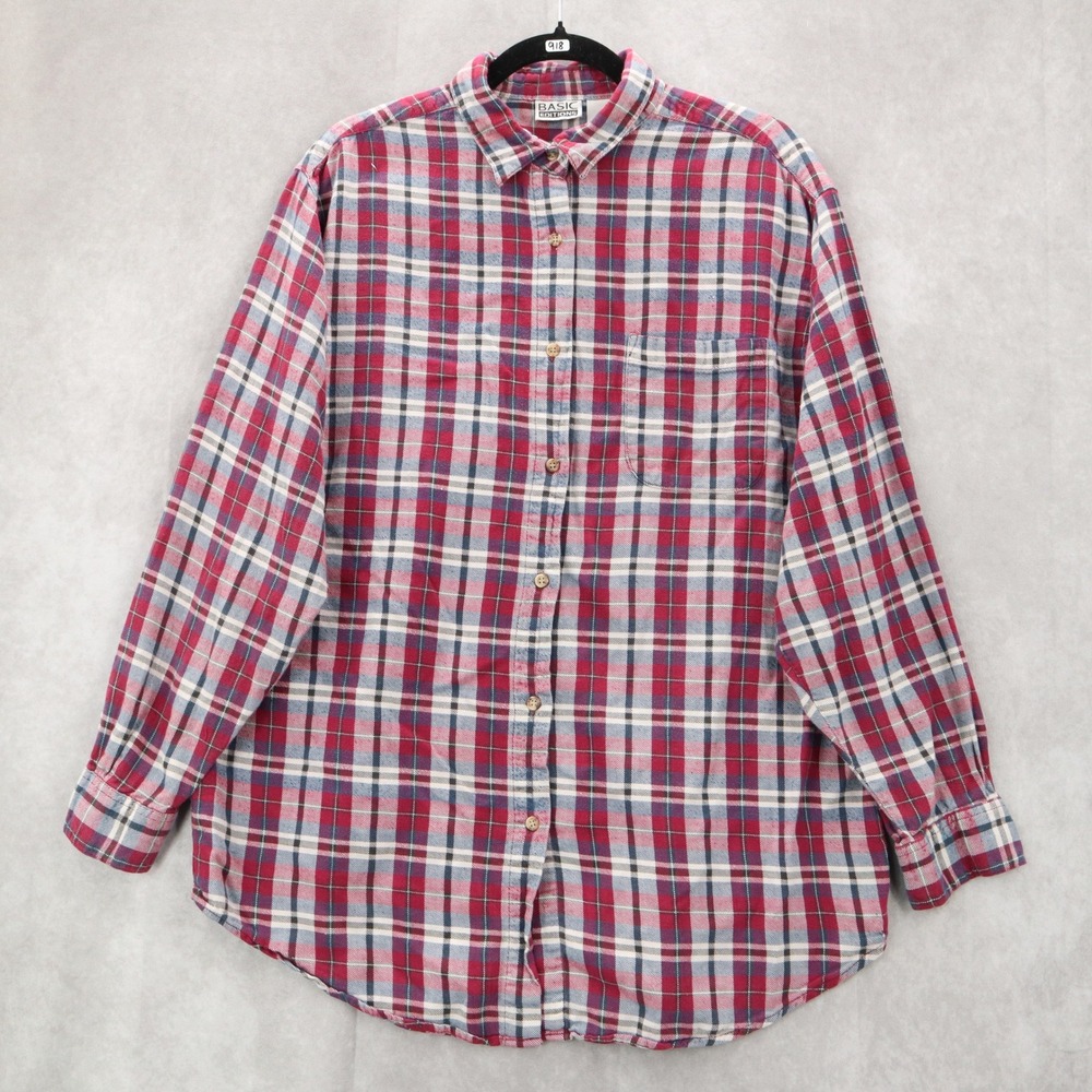 Basic Editions Red Flannel Plaid Long Sleeve Button‎ Down Western Utility Large